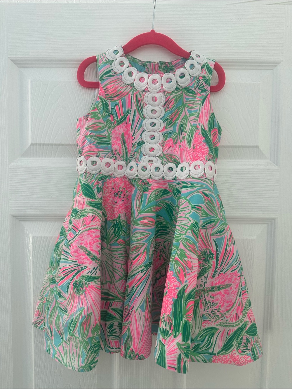 Lilly Pulitzer Pink & Green Floral Fit-and-Flare Dress with White Trim